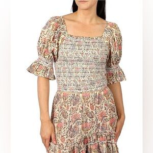 Talisman floral smocked blouse top puff sleeves square neck block print ruffle